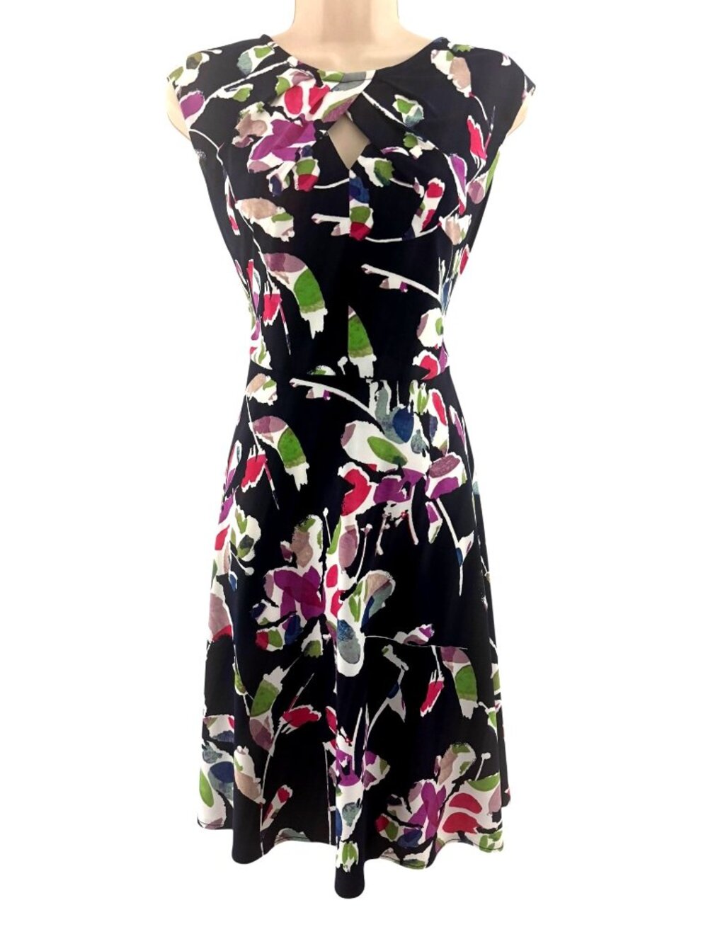 Wisp Ceena Jersey Dress Abstract Floral Print Keyhole Sleeveless Size 6P Flare